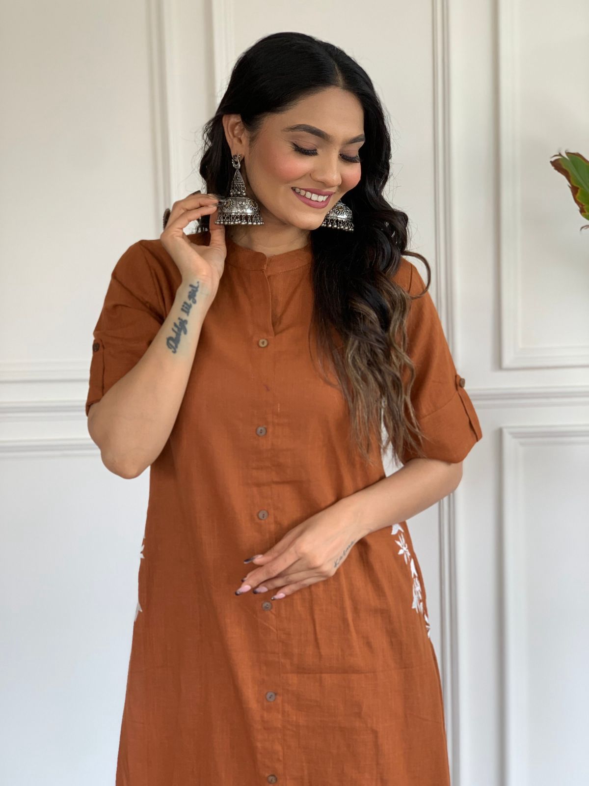 Second image of Rust Brown Solid Co-ord Set With Side Embroidery