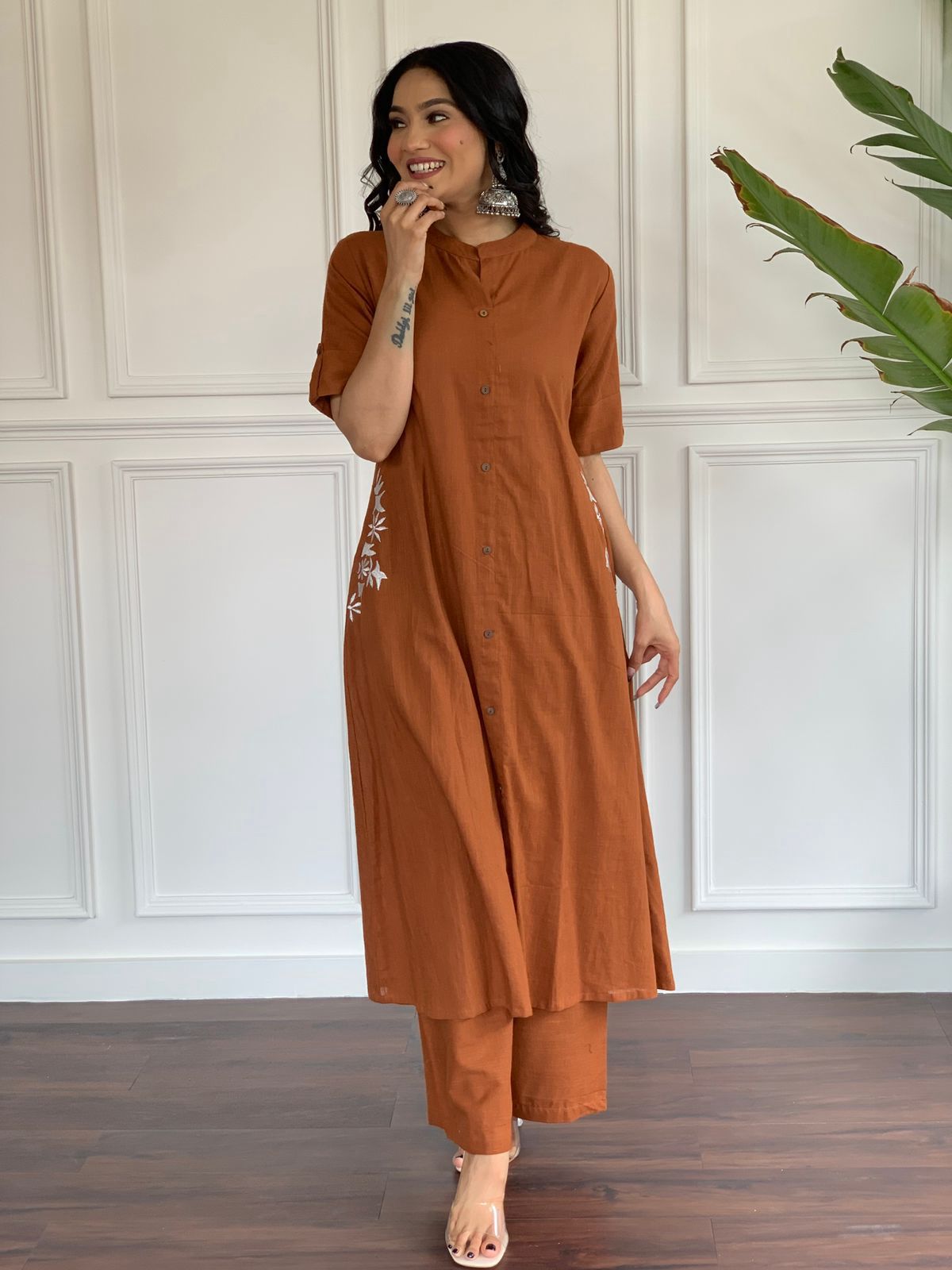 Rust Brown Solid Co-ord Set With Side Embroidery