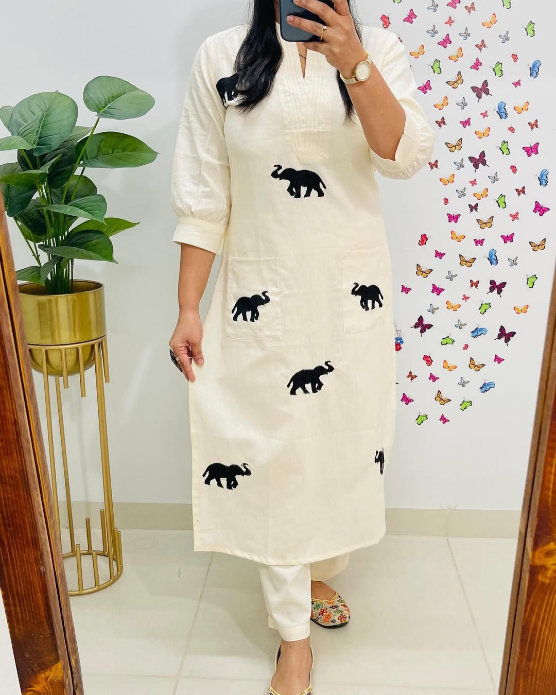 Second image of Ivory Kurta Set with Black Elephant Motif Embroidery