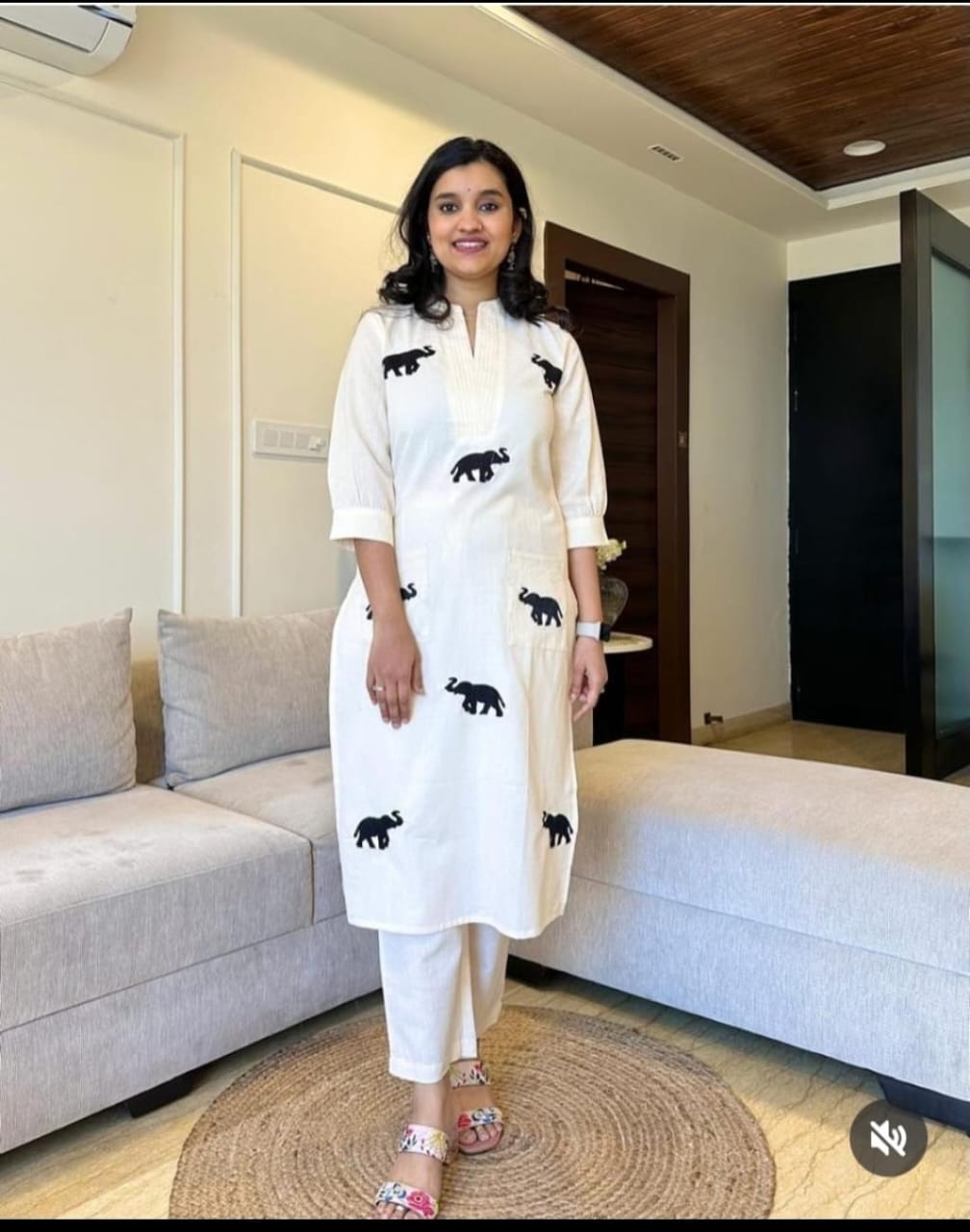 Ivory Kurta Set with Black Elephant Motif Embroidery
