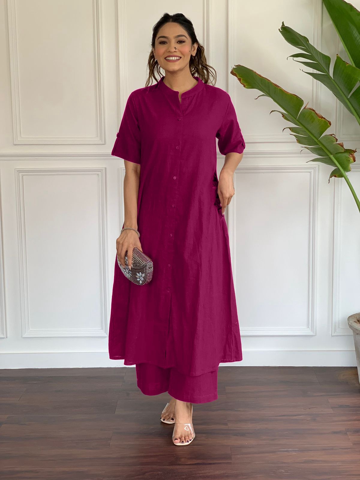 Wine Maroon Cotton Shirt-Style Kurta Set