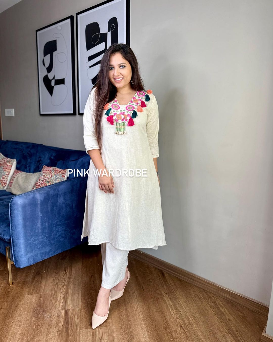 Ivory Cotton Kurta Set With Multicolor Tassel Yoke