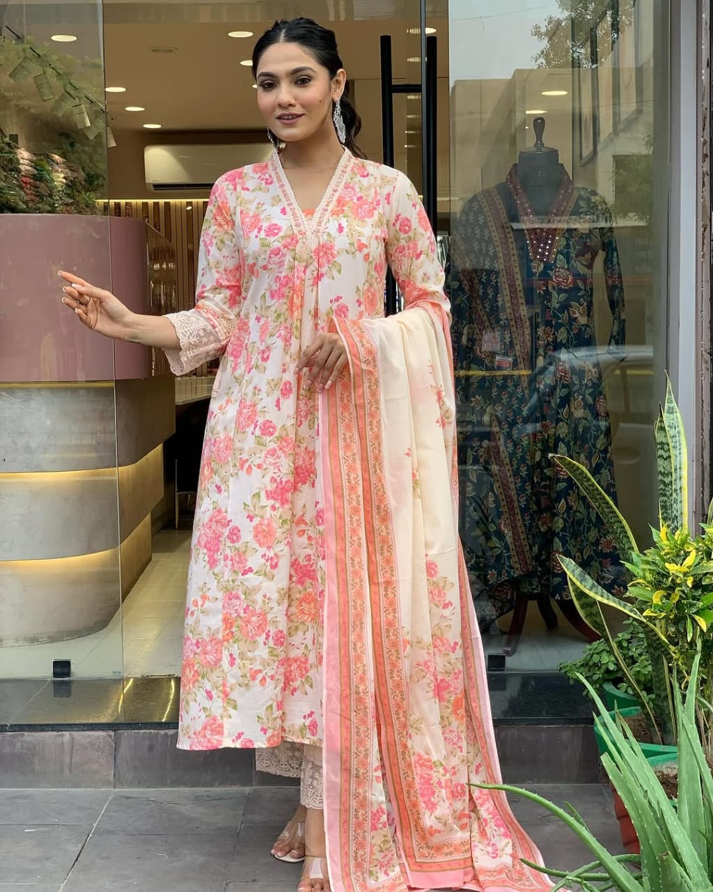 Blush Pink Floral Printed Cotton Blend Suit With Elegant Chiffon Dupatta