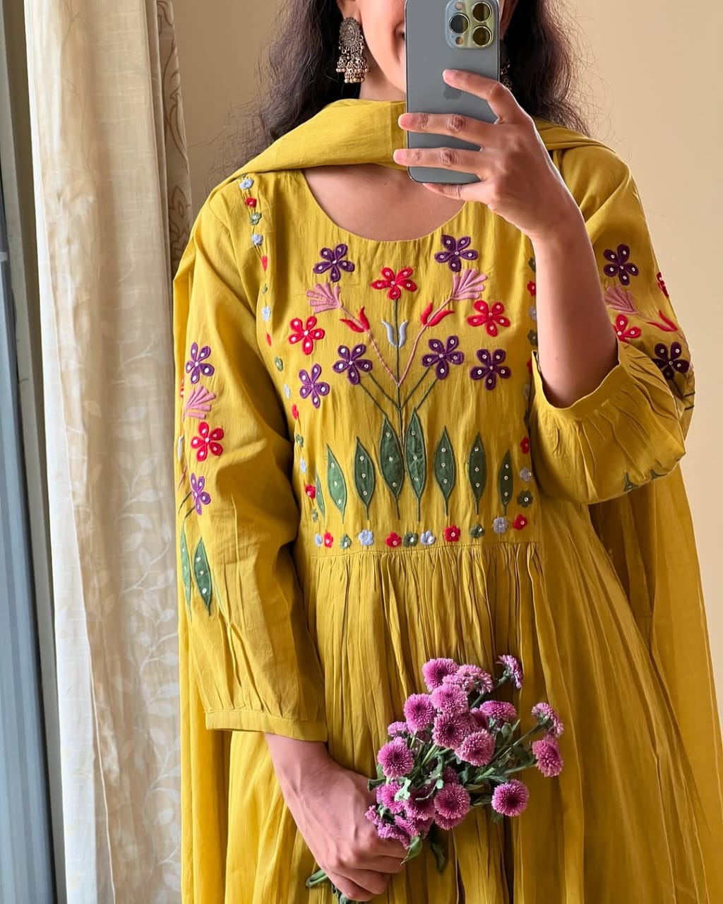 Second image of Mustard Yellow Cotton Anarkali Suit With Hand Embroidered Floral Yoke