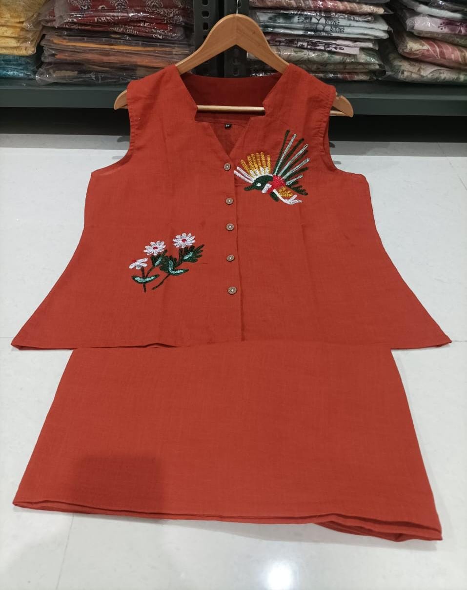 Second image of Chic Rust-Orange Co-ord Set with Botanical Embroidery