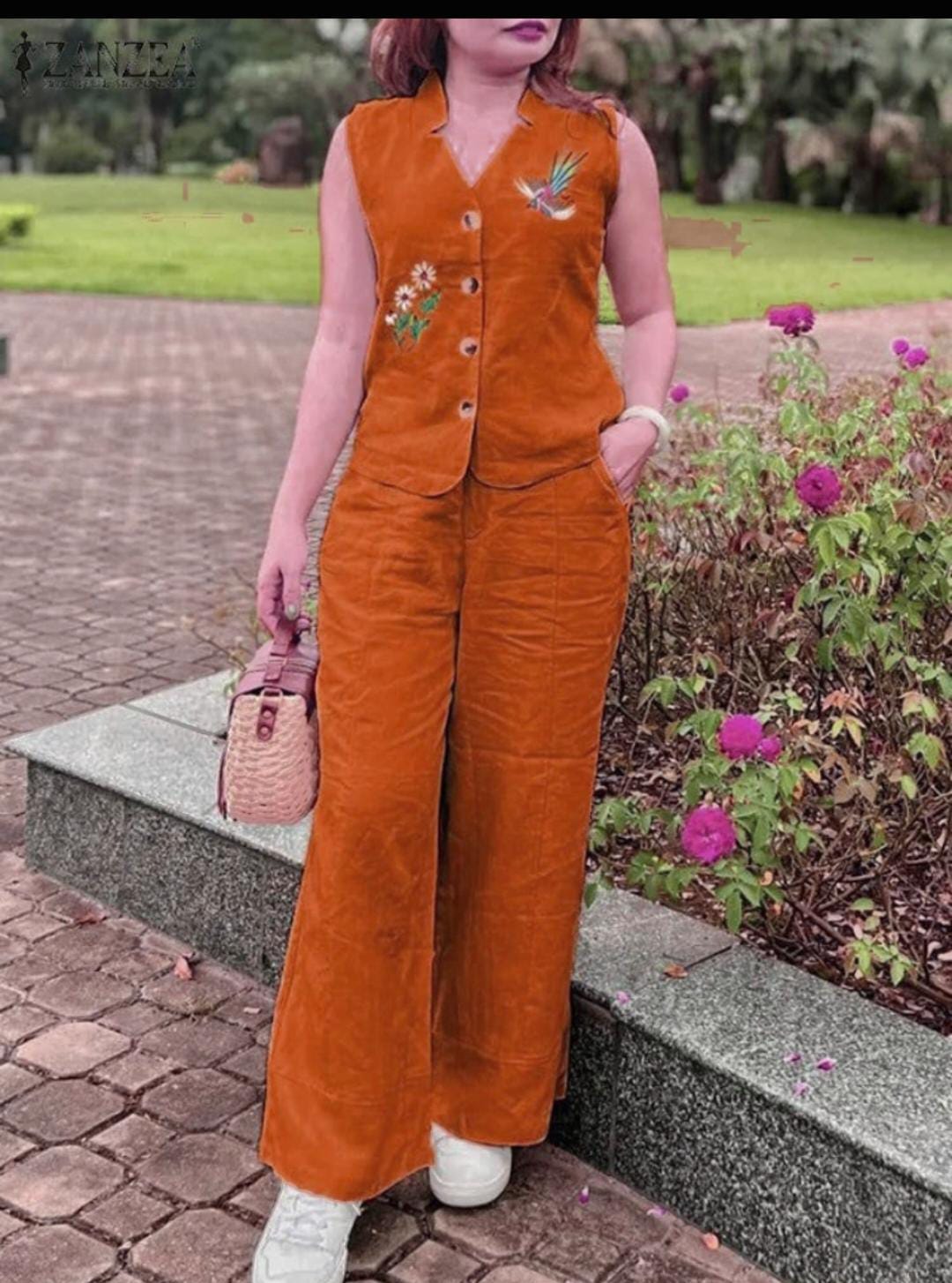 Chic Rust-Orange Co-ord Set with Botanical Embroidery
