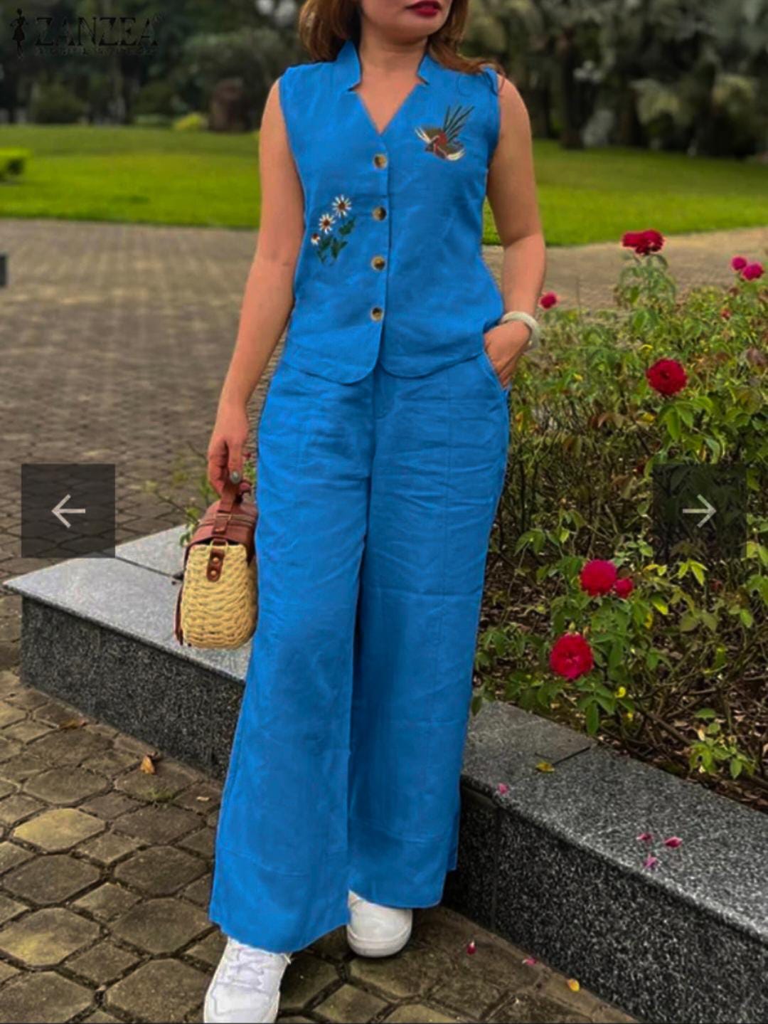 Vibrant Blue Co-ord Set with Artistic Nature Embroidery