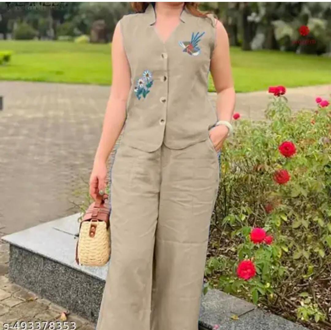 Chic Beige Co-ord Set with Nature-Inspired Embroidery